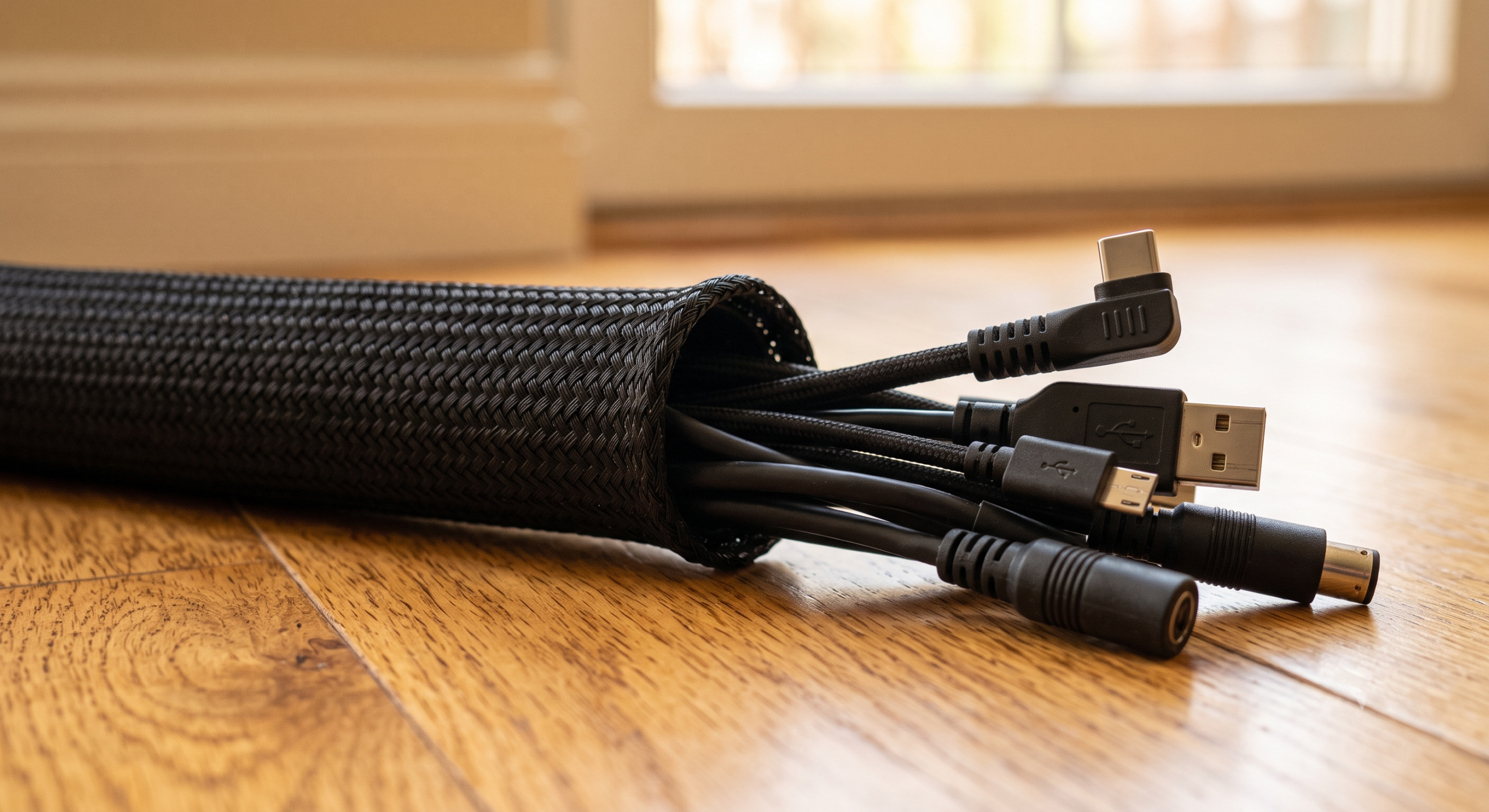 Bundle of cables organized inside a braided cable sleeve