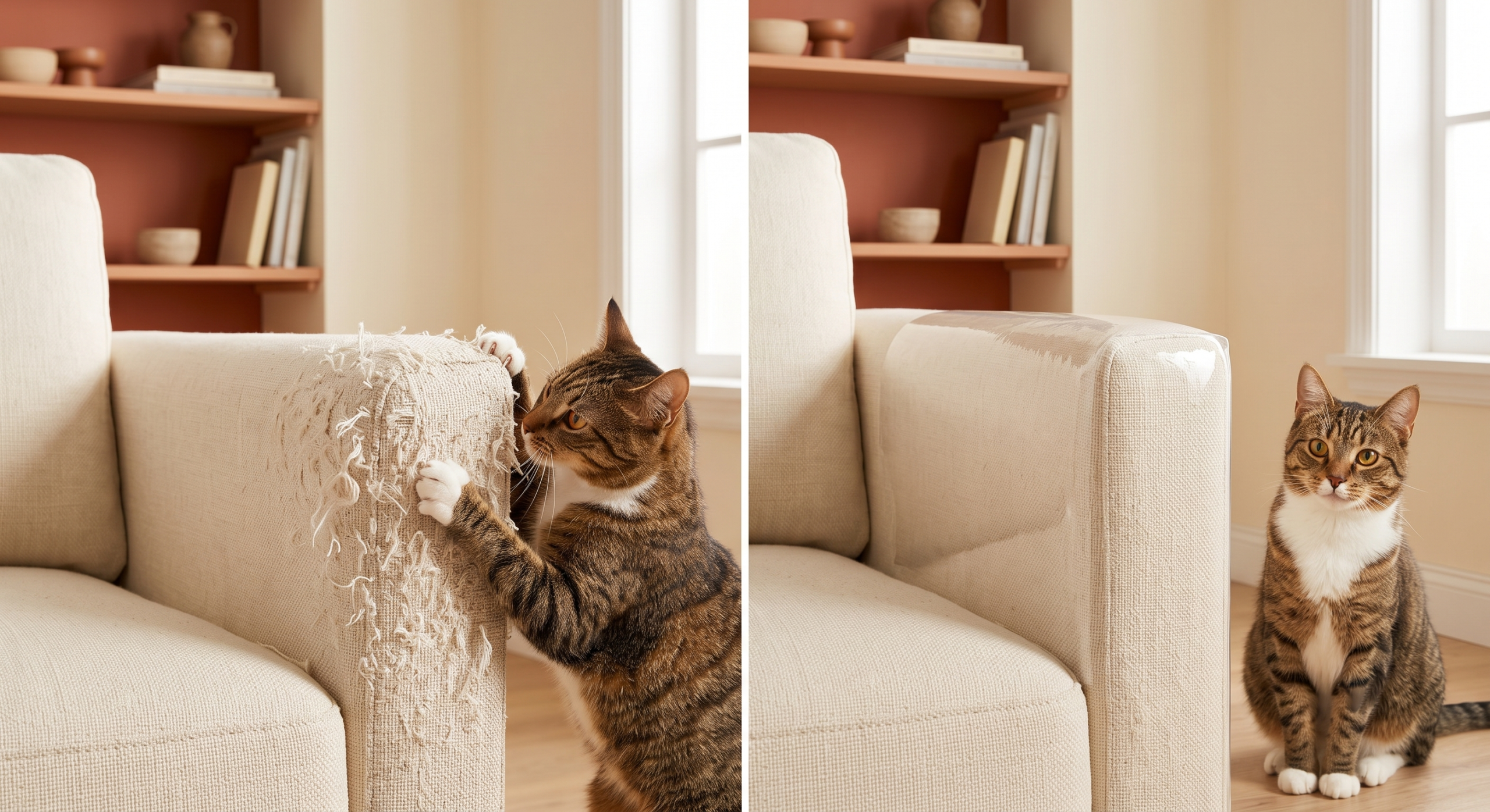 Sofa arm shredded by cat scratching next to the same arm protected with a clear furniture protector