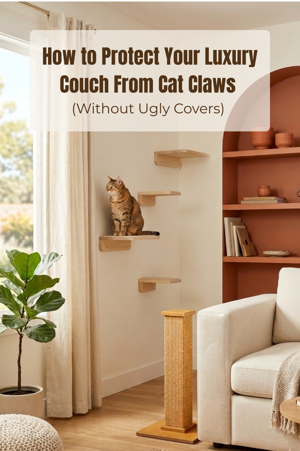 Cat perched on wall-mounted shelves beside a scratching post in a cozy living room corner