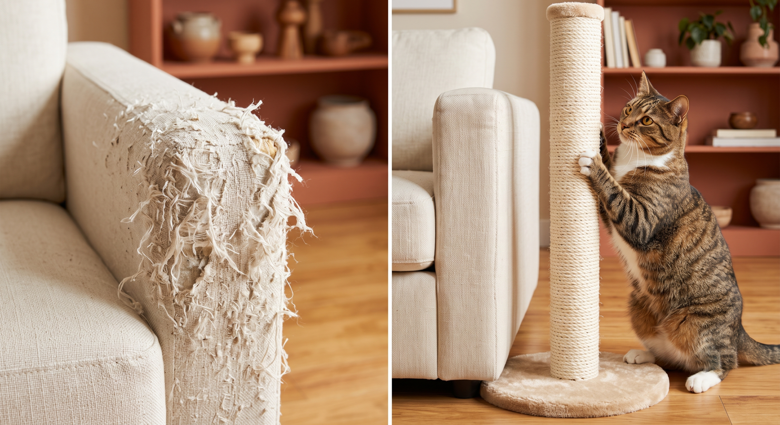 Damaged sofa arm from cat scratching beside a cat using a sisal scratching post instead