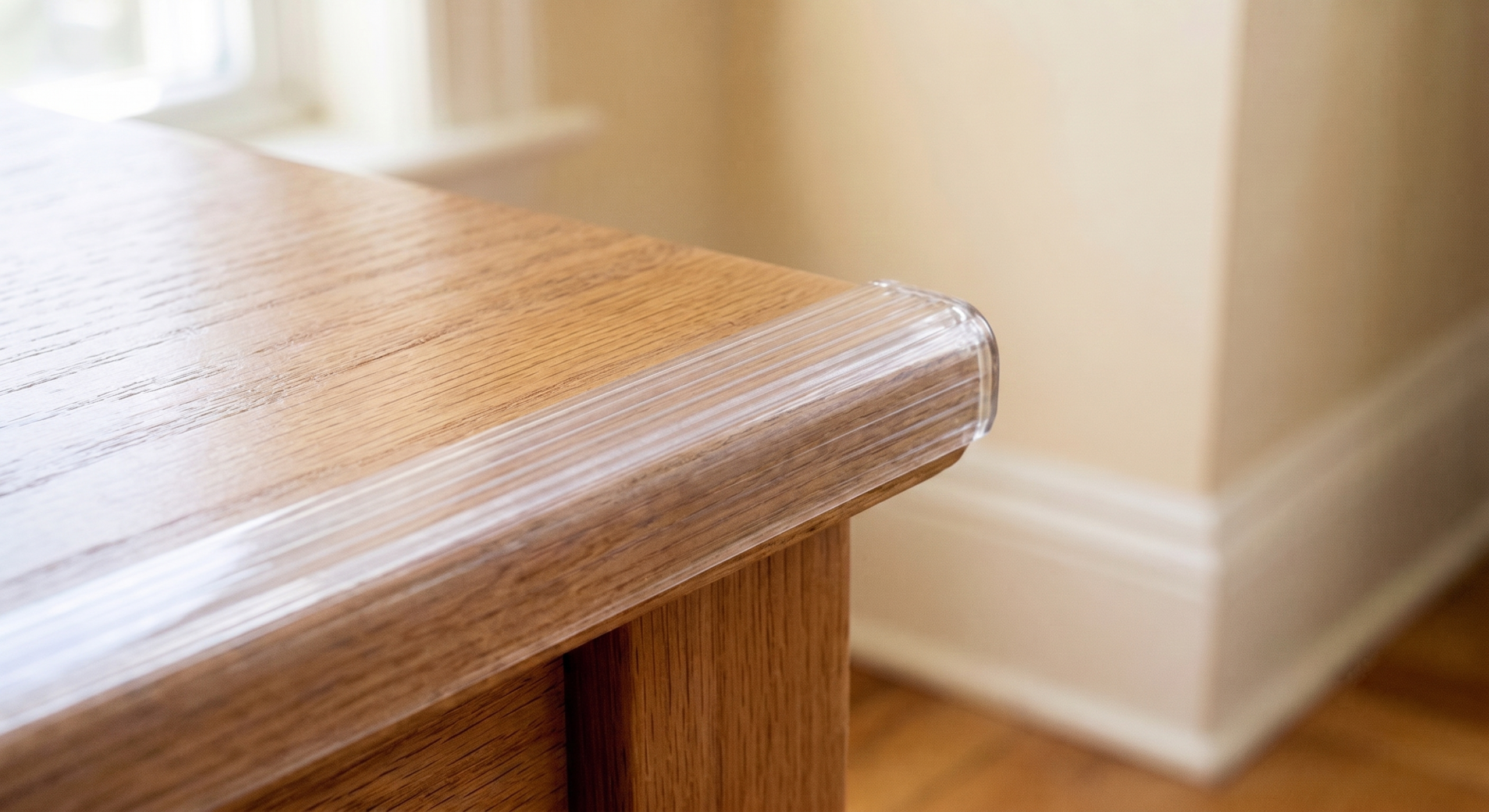 Clear edge protector cushioning the sharp corner of a wooden table