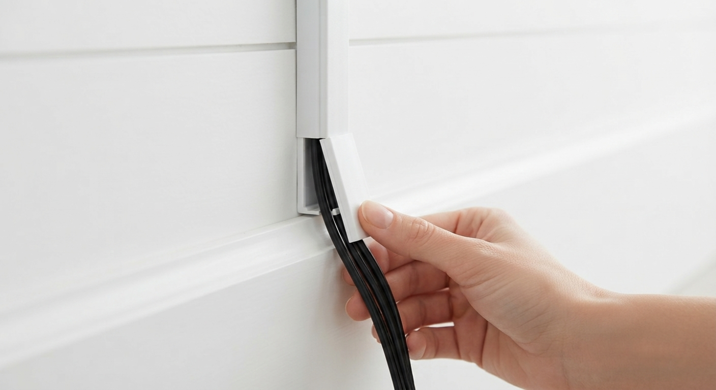 Hand tucking cables into a white cord cover installed along a baseboard
