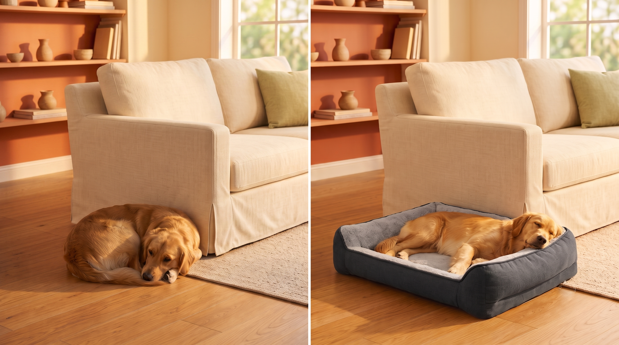 Golden retriever sleeping on hard floor next to a couch versus resting comfortably in a dog bed