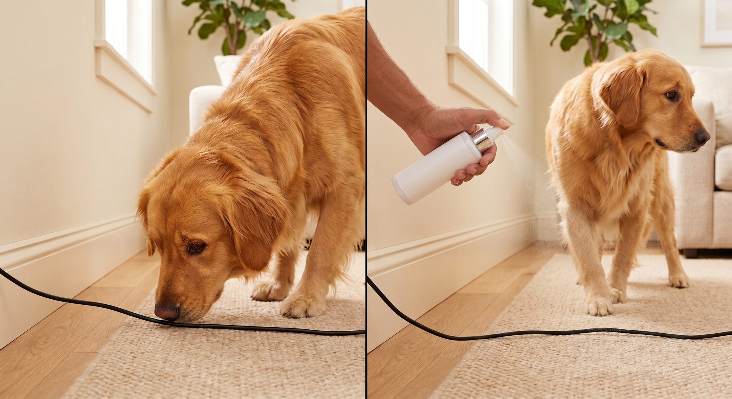 Golden retriever sniffing an electrical cord, then being deterred with pet-safe cord spray