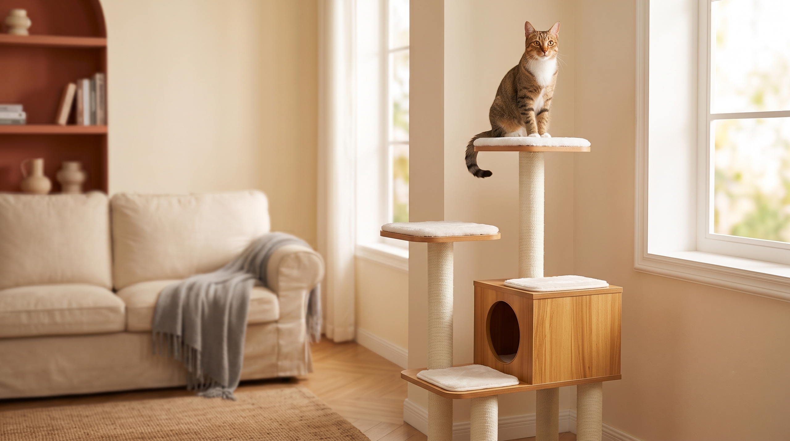 Tabby cat sitting on the top platform of a multi-level cat tree in a living room