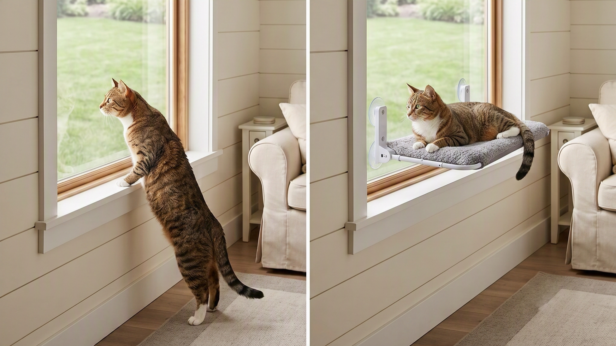 Tabby cat resting on a window-mounted cat perch looking outside