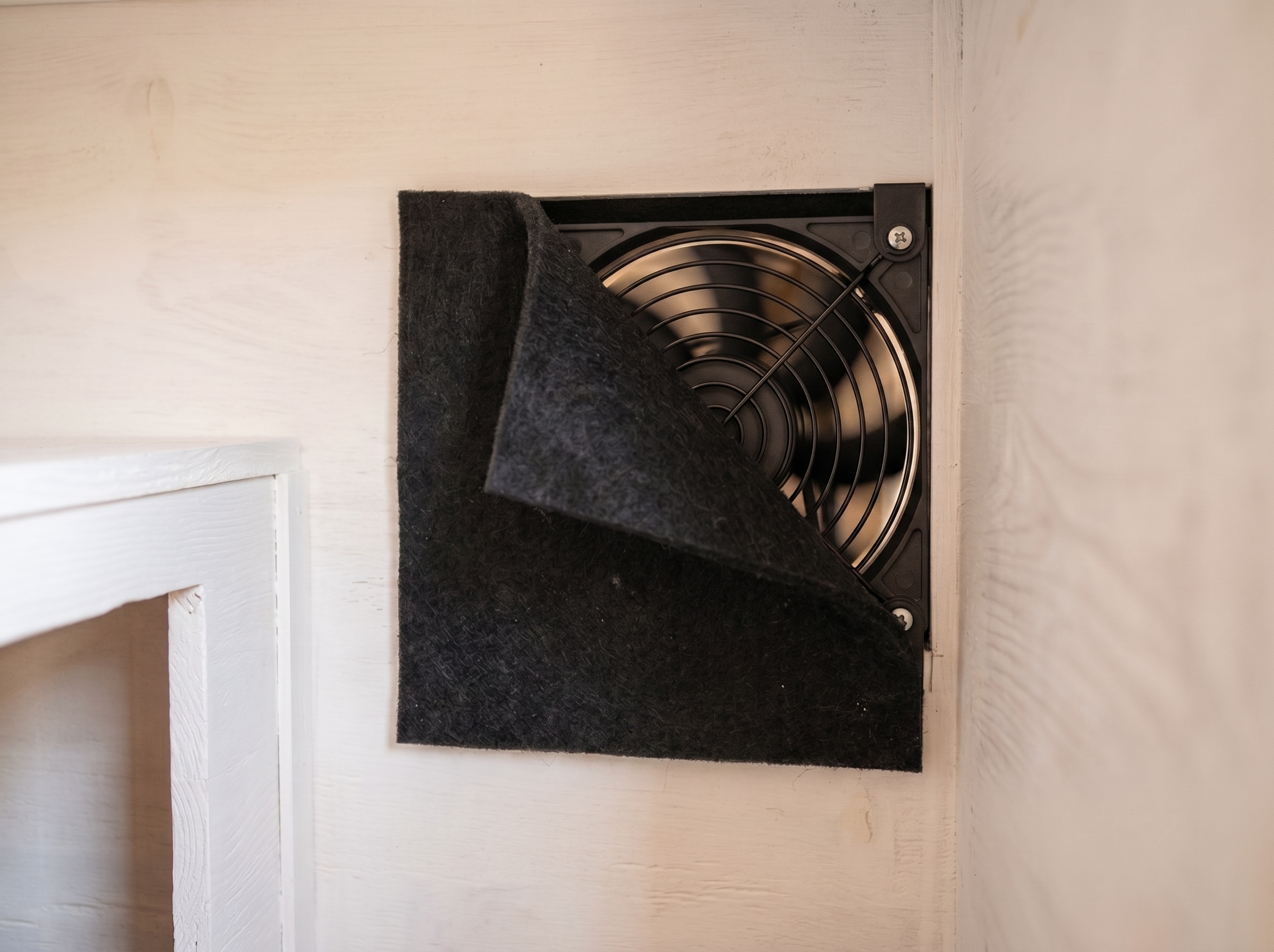 Black carbon filter sheet mounted over a ventilation fan inside a litter box cabinet to absorb odor