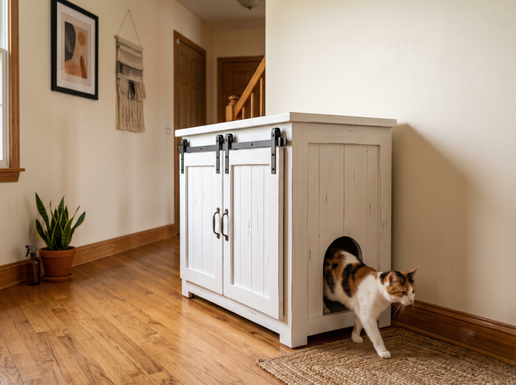White farmhouse-style litter box cabinet in a hallway with a calico cat walking through the arched entrance