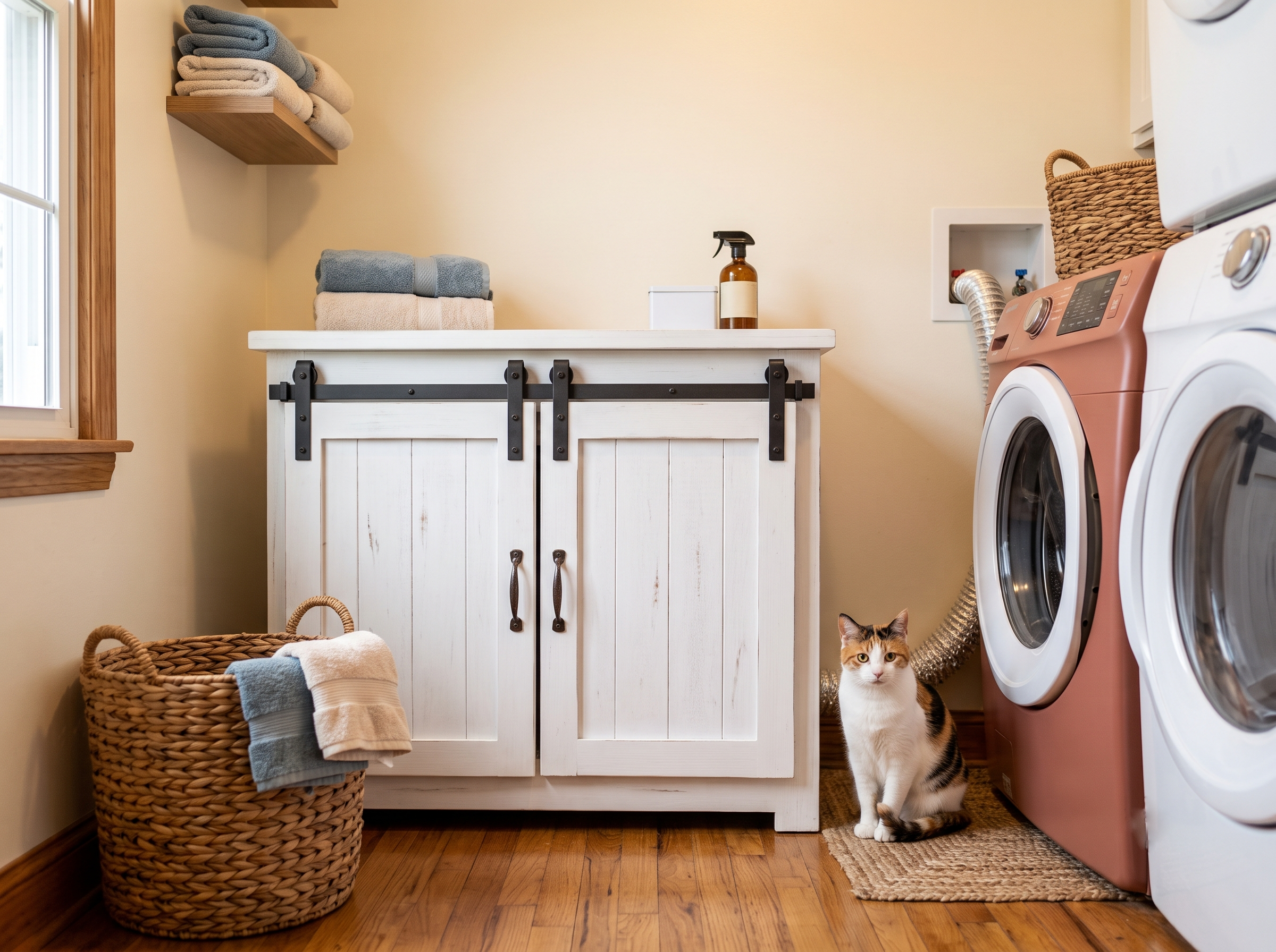White litter box enclosure cabinet placed in a laundry nook beside a washer and dryer with a calico cat sitting nearby