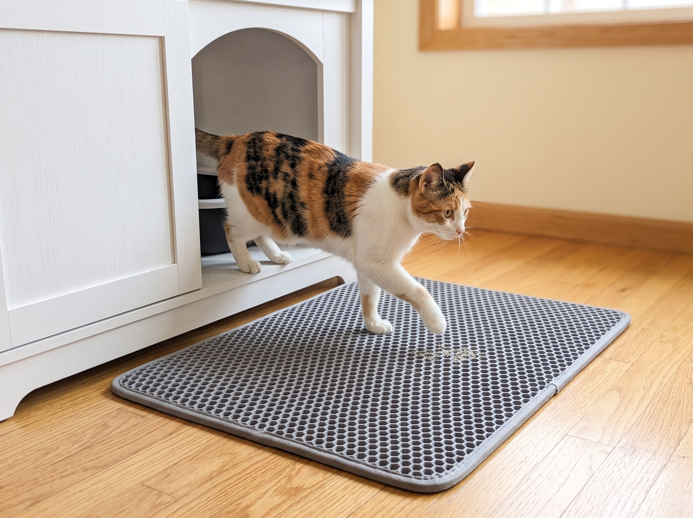 Calico cat walking across a honeycomb litter trapping mat placed outside a litter box cabinet entrance