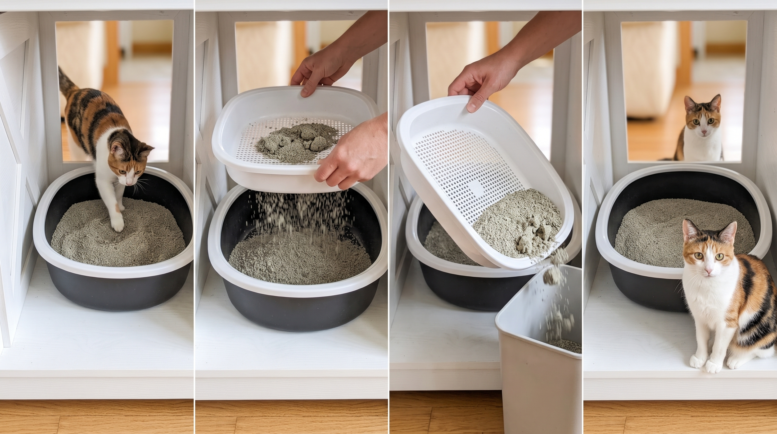 Four-panel sequence showing a cat using a litter box, sifting clean litter, discarding clumps, and resetting the pan