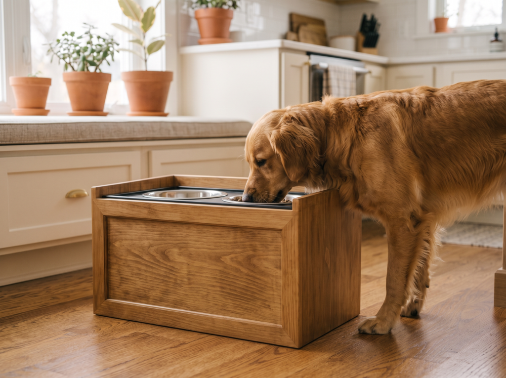 Golden retriever eating comfortably from a finished elevated dog feeding station with a custom wood surround