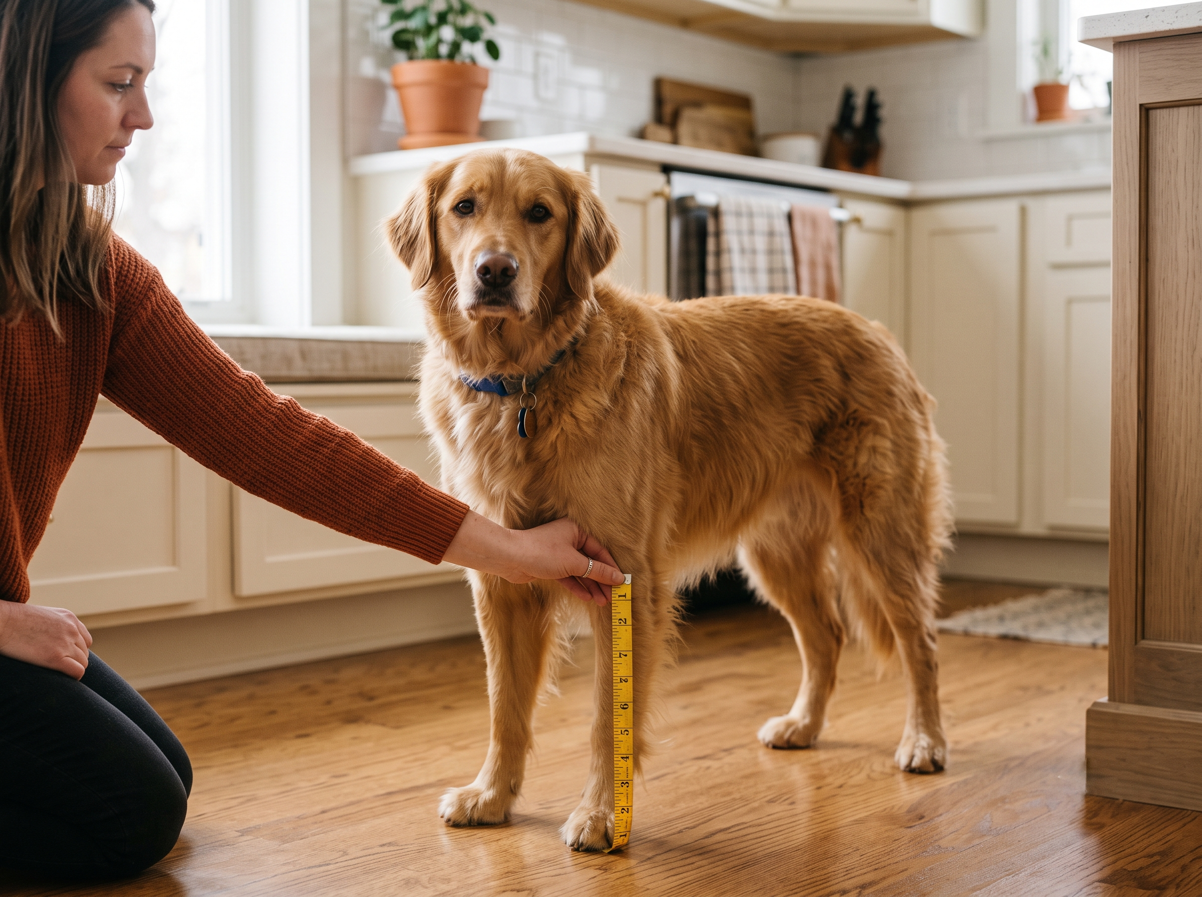 Measuring a golden retriever's elbow height with a tape measure for an elevated dog feeding station