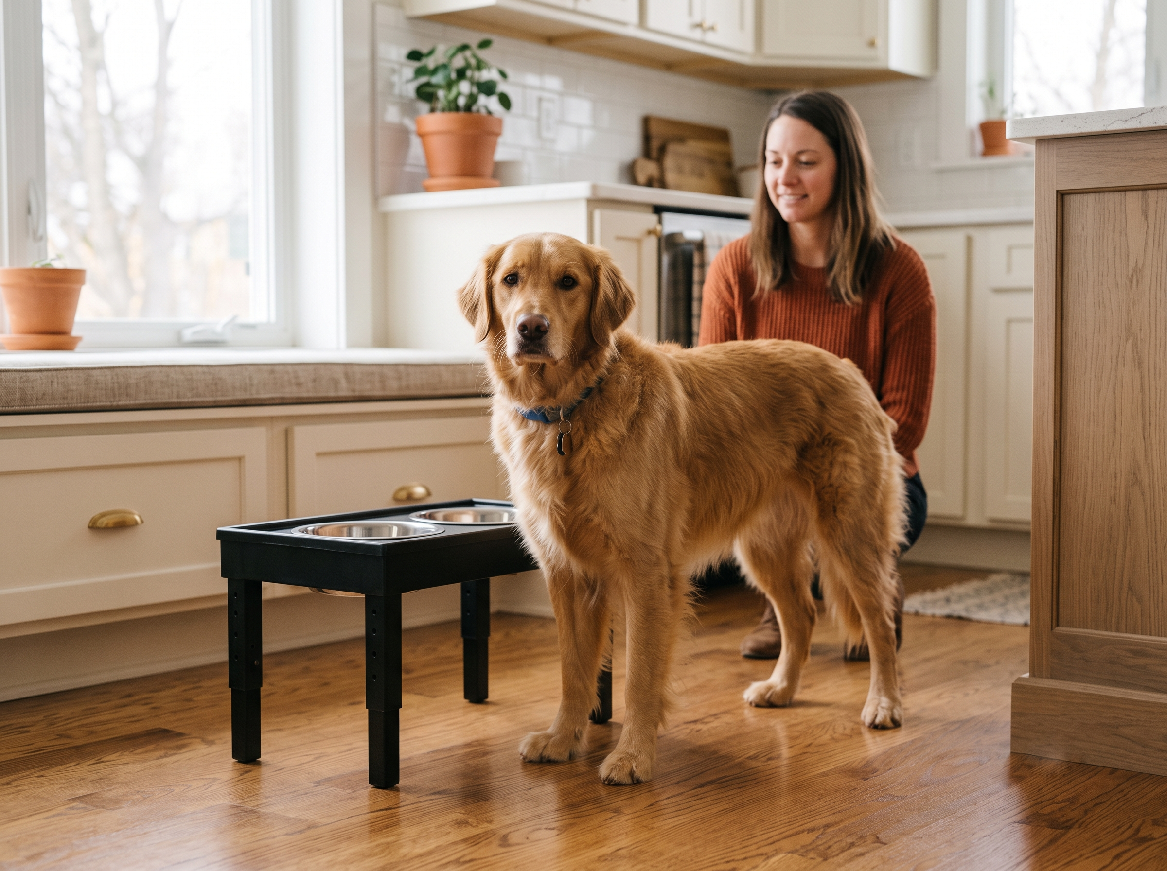 Golden retriever standing next to an adjustable elevated dog bowl stand before the wood surround is built