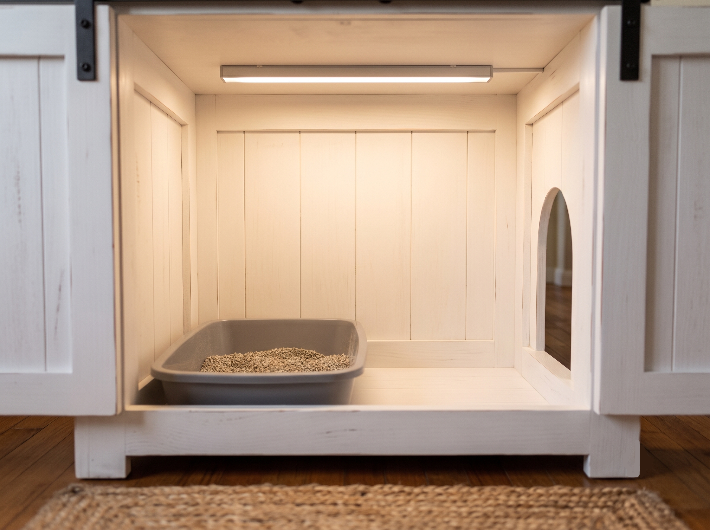Slim LED motion sensor light mounted inside a litter box cabinet illuminating the litter tray below