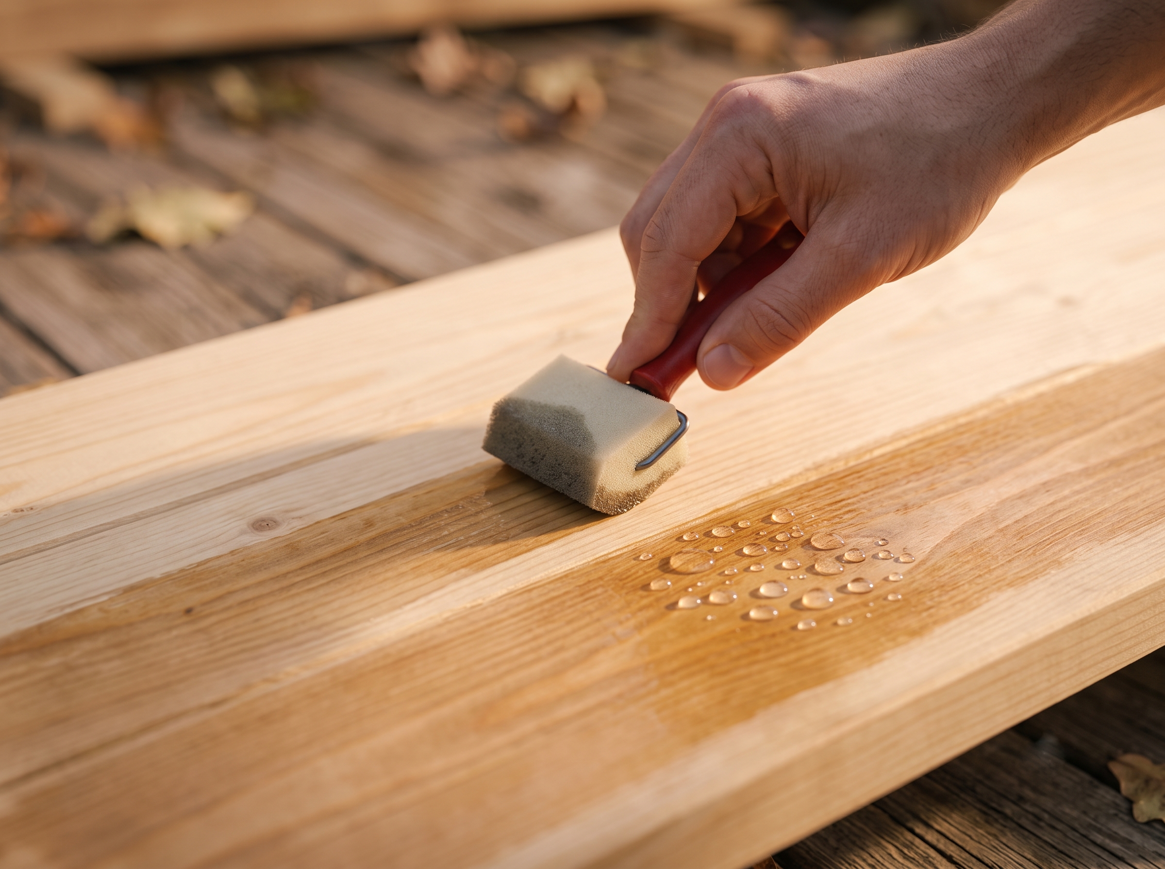 Applying plant-based food-safe wood sealant to a pine board with a foam applicator