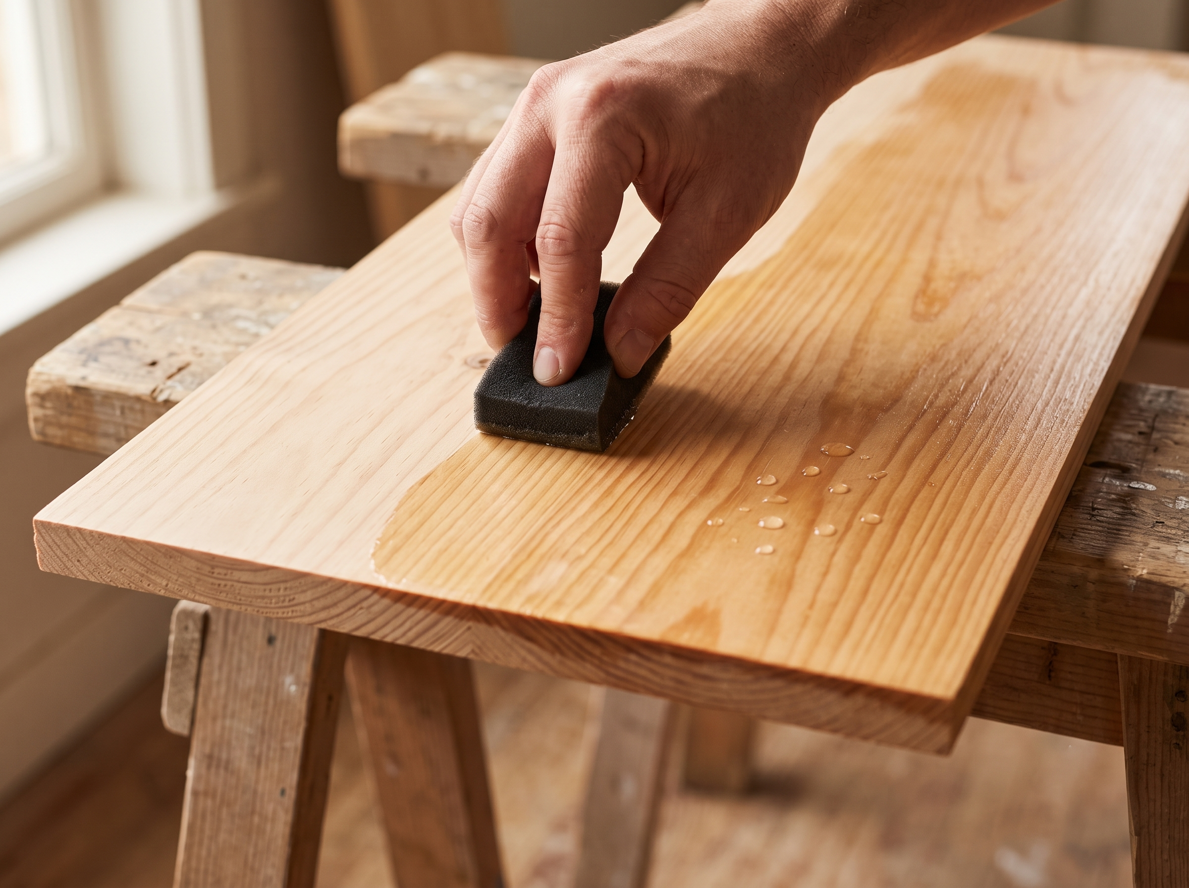 Hand applying non-toxic wood sealer with a foam pad to a raw wood panel, showing treated and untreated sides